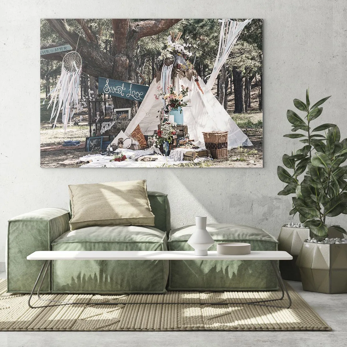 Quadro su vetro - Decorazione da esterno boho con un tepee e fiori nella foresta - 120x80cm - Make love... - Decorazione murale moderna per soggiorno e camera da letto ARTTOR