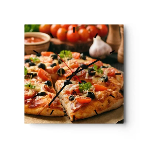 Orologio da parete - Orologio in Vetro - Pizza con pomodori, olive ed erbe fresche sul tavolo - 30x30cm - Te la sei nuovamente cavata - Decorazione murale moderna per soggiorno e camera da letto ARTTOR