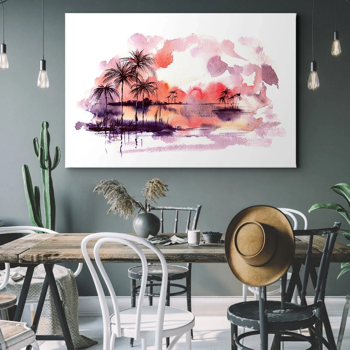 Quadro su tela - Stampe su Tela - Paesaggio tropicale con palme al tramonto in acquerello - 70x50cm - Pace dei tropici in rosso - Decorazione murale moderna per soggiorno e camera da letto ARTTOR