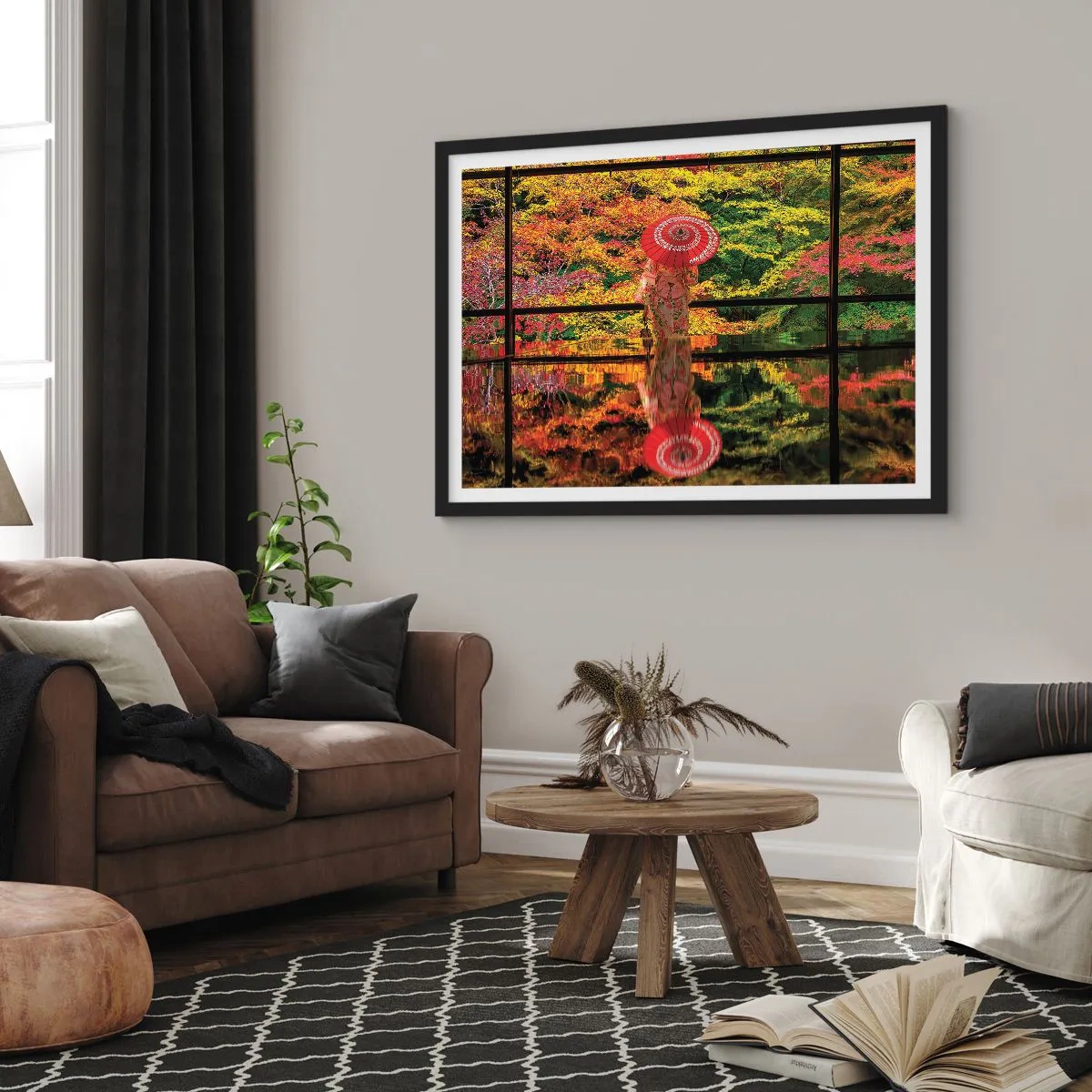 Poster in cornice nera - Una donna in kimono con un ombrello sullo sfondo di un paesaggio autunnale. - 70x50cm - Nel tempio della natura - Decorazione murale moderna per soggiorno e camera da letto ARTTOR