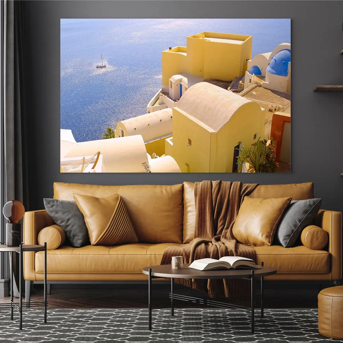 Quadro su vetro - Vista di Santorini con mare blu ed edifici bianchi - 100x70cm - Paesaggio greco in bianco e blu - Decorazione murale moderna per soggiorno e camera da letto ARTTOR
