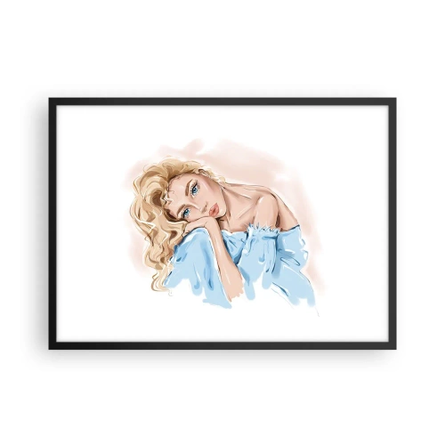 Poster in cornice nera - Ritratto di una donna in abito blu con capelli biondi - 70x50cm - Sognante nel blu - Decorazione murale moderna per soggiorno e camera da letto ARTTOR