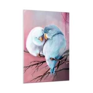 Quadro su vetro - Due inseparabili seduti su un ramo su uno sfondo rosa - 50x70cm - Che cosa aggiungere? - Decorazione murale moderna per soggiorno e camera da letto ARTTOR