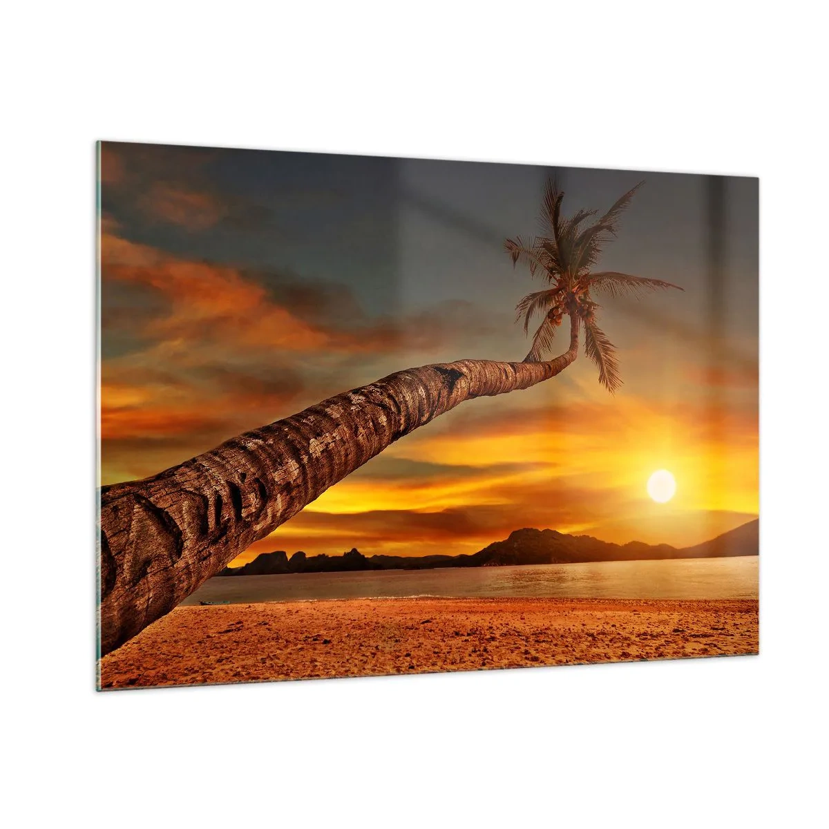 Quadro su vetro - Palma su una spiaggia tropicale al tramonto - 100x70cm - Vacanze esotiche, avventura nei Caraibi - Decorazione murale moderna per soggiorno e camera da letto ARTTOR
