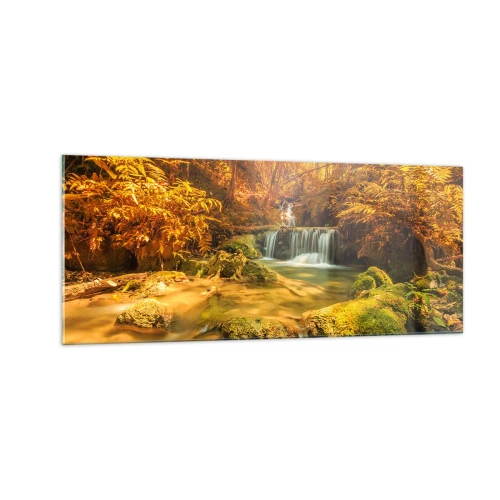 Quadro su vetro - Cascata boschiva in oro - 100x40 cm