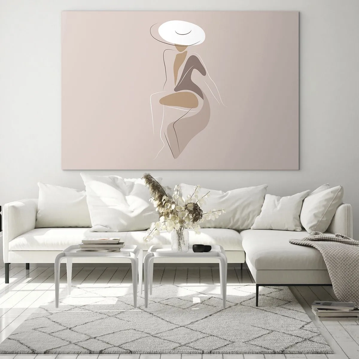 Quadro su vetro - Silhouette di una donna con un cappello su uno sfondo beige - 100x70cm - Essere una dama - Decorazione murale moderna per soggiorno e camera da letto ARTTOR