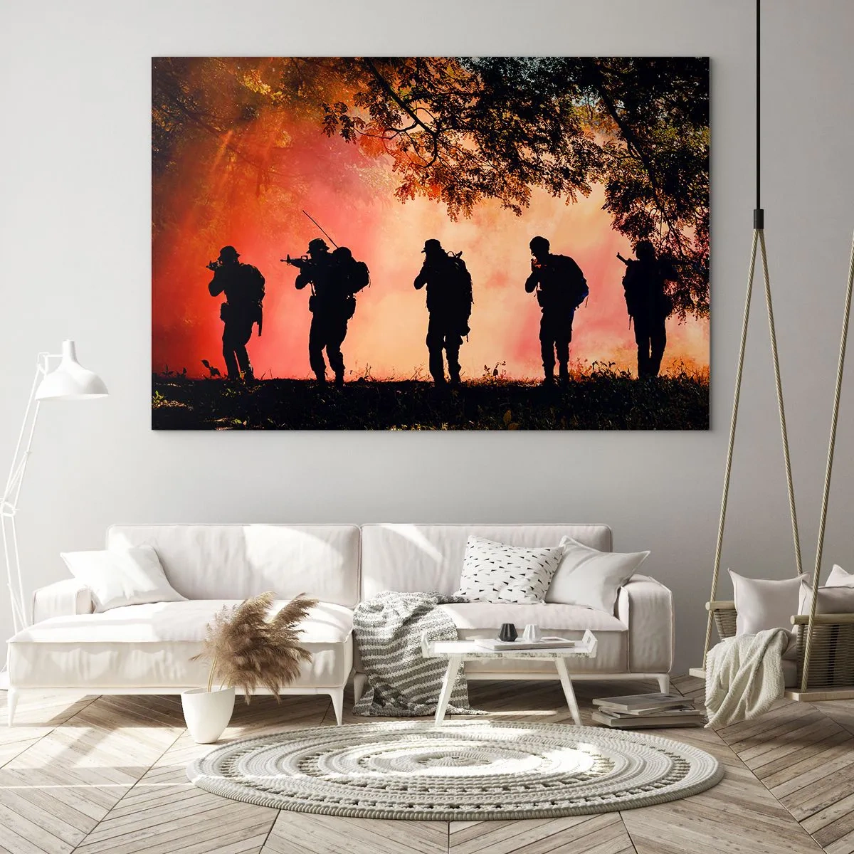 Quadro su vetro - Un gruppo di soldati marcia sullo sfondo di una foresta in fiamme. - 70x50cm - …Tutti per uno. - Decorazione murale moderna per soggiorno e camera da letto ARTTOR