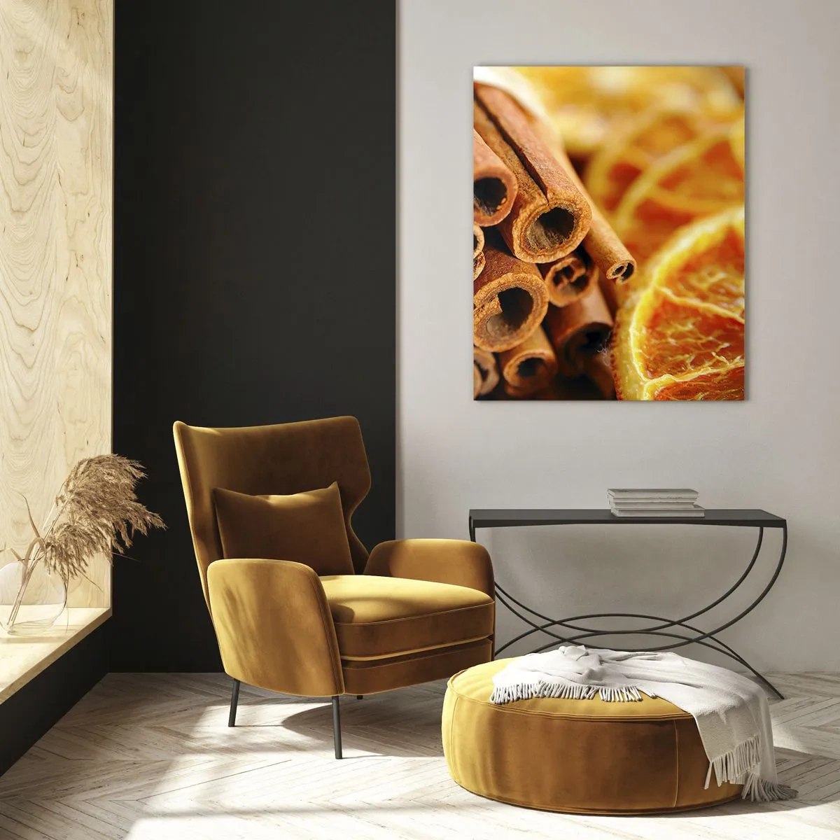 Quadro su vetro - Primo piano di bastoncini di cannella e fette di arancia essiccate - 50x70cm - Senti il loro profumo? - Decorazione murale moderna per soggiorno e camera da letto ARTTOR