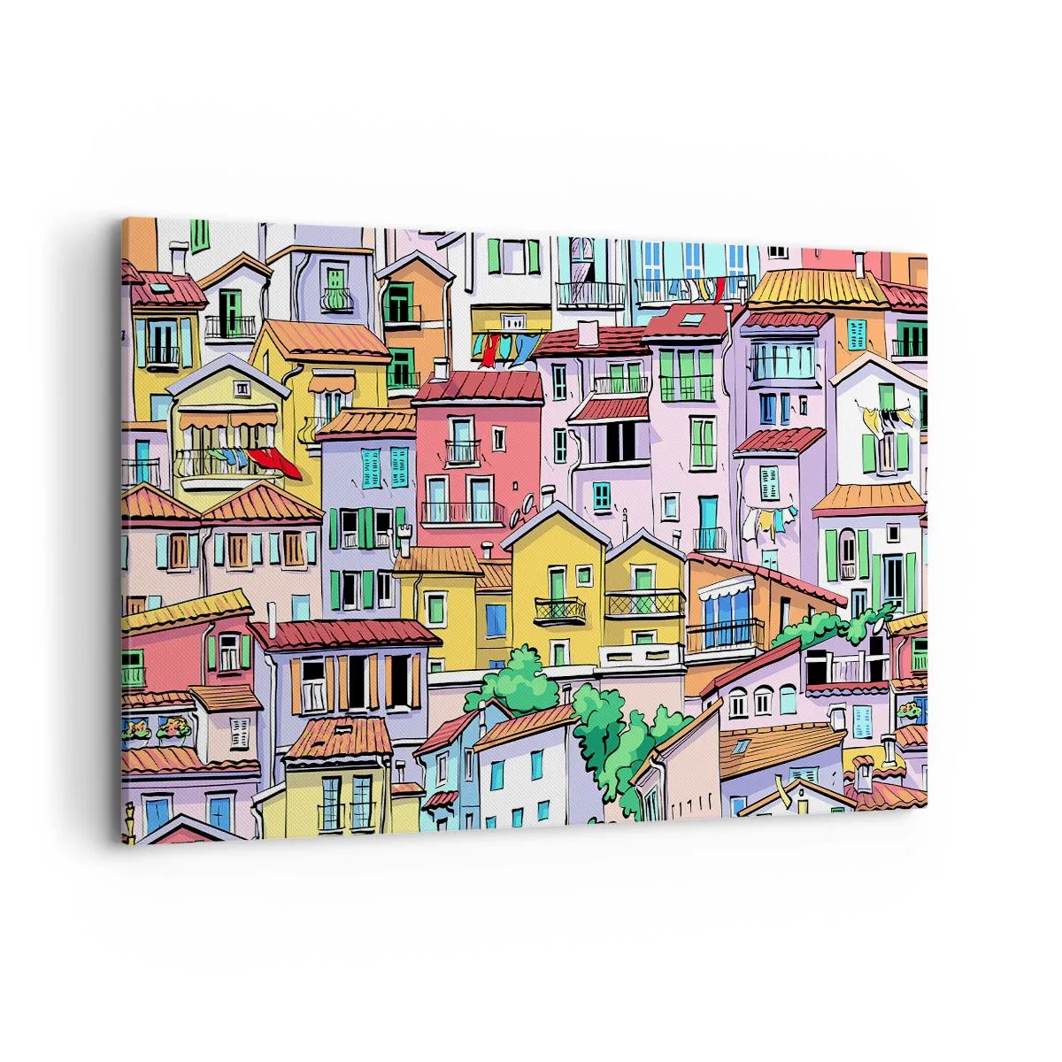 Quadro su tela - Stampe su Tela - Case popolari colorate in uno stile vivace e allegro - 120x80cm - Città allegra - Decorazione murale moderna per soggiorno e camera da letto ARTTOR