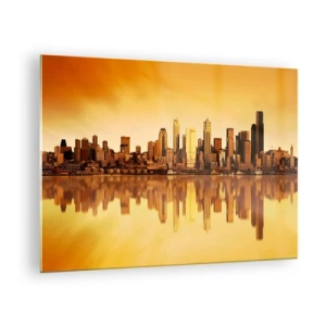 Quadro su vetro - Panorama della città nella luce dorata del tramonto - 70x50cm - Silenzio della metropoli - Decorazione murale moderna per soggiorno e camera da letto ARTTOR