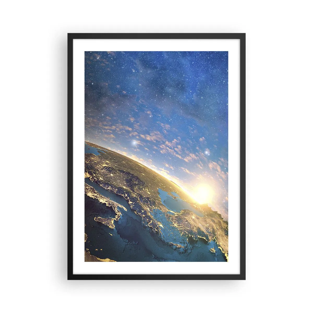 Poster in cornice nera - La Terra vista dallo spazio all'alba - 50x70cm - Guardiamoci da lontano - Decorazione murale moderna per soggiorno e camera da letto ARTTOR