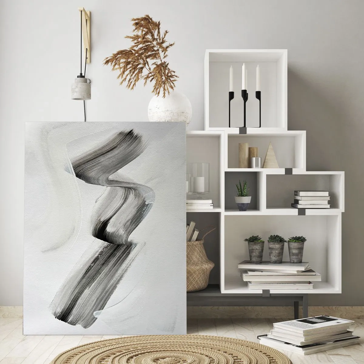 Quadro su vetro - Pennellata astratta grigia su sfondo chiaro - 50x70cm - Casualmente per divertimento - Decorazione murale moderna per soggiorno e camera da letto ARTTOR
