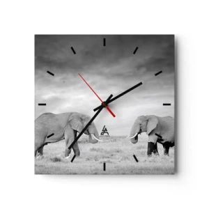 Orologio da parete - Orologio in Vetro - Due elefanti sullo sfondo della savana africana - 30x30cm - Grigio è bello - Decorazione murale moderna per soggiorno e camera da letto ARTTOR
