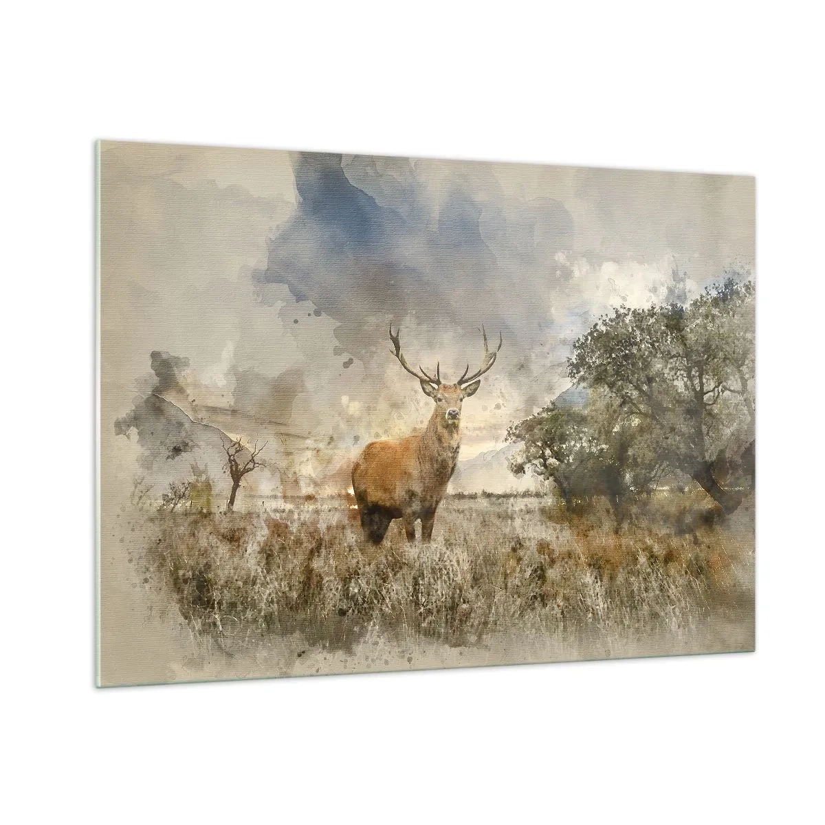 Quadro su vetro - Un cervo in un paesaggio naturale con colori tenui sullo sfondo - 100x70cm - Dignità - forza - maestosità - Decorazione murale moderna per soggiorno e camera da letto ARTTOR