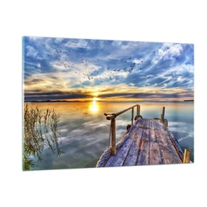 Quadro su vetro - Molo sul lago al tramonto con uccelli nel cielo - 120x80cm - Il vento è andato a dormire - Decorazione murale moderna per soggiorno e camera da letto ARTTOR