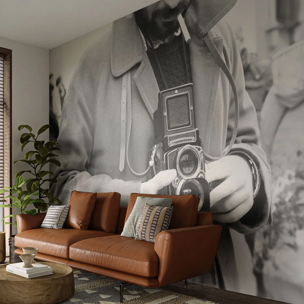 Fotomurali Premium Sand - Uomo con una macchina fotografica retrò in bianco e nero - 100x70cm - In stile retro - Decorazione murale moderna per soggiorno e camera da letto ARTTOR