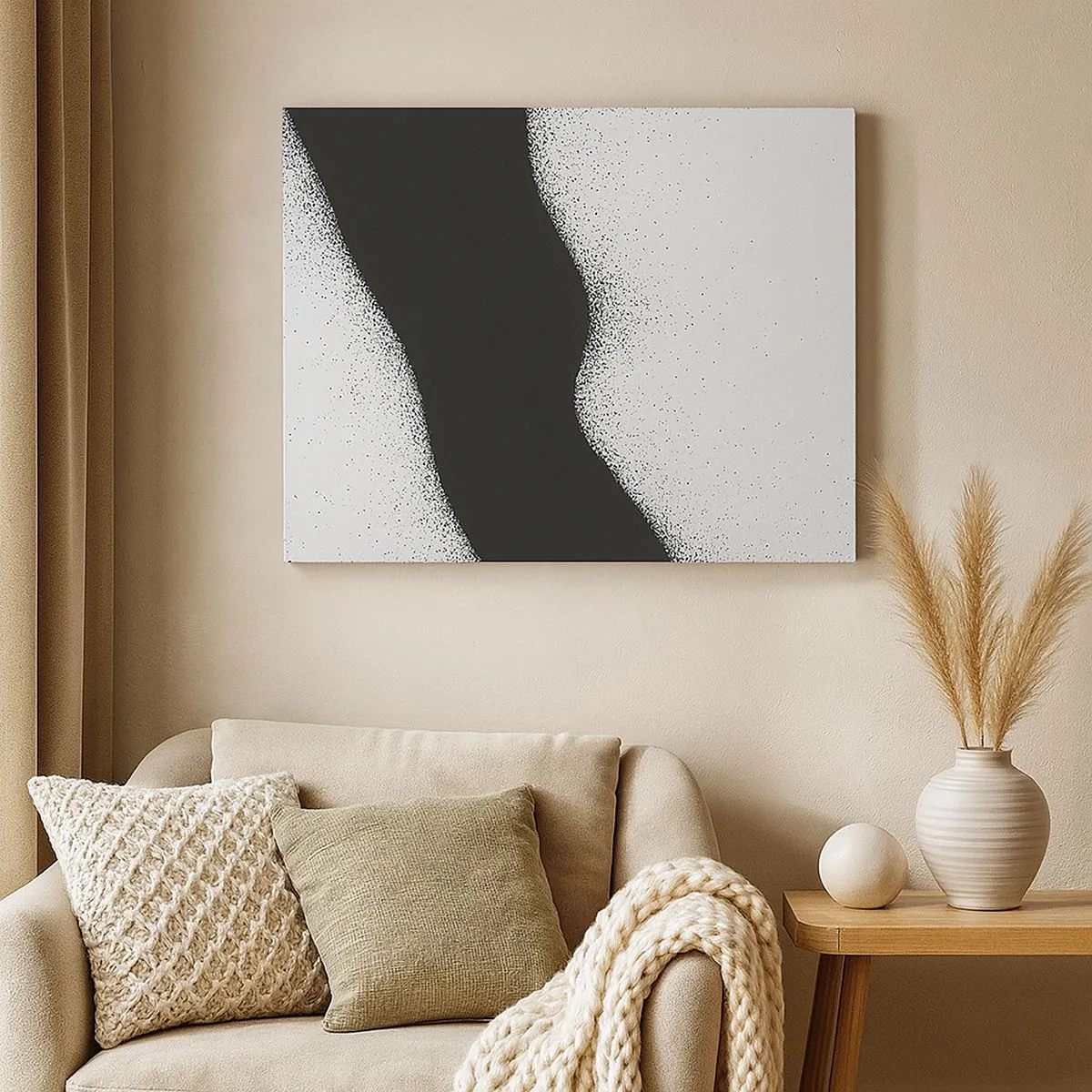 Quadro su tela - Stampe su Tela - Motivo astratto in bianco e nero con delicati punti su tela - 70x50cm - Equilibrio fluido - Decorazione murale moderna per soggiorno e camera da letto ARTTOR