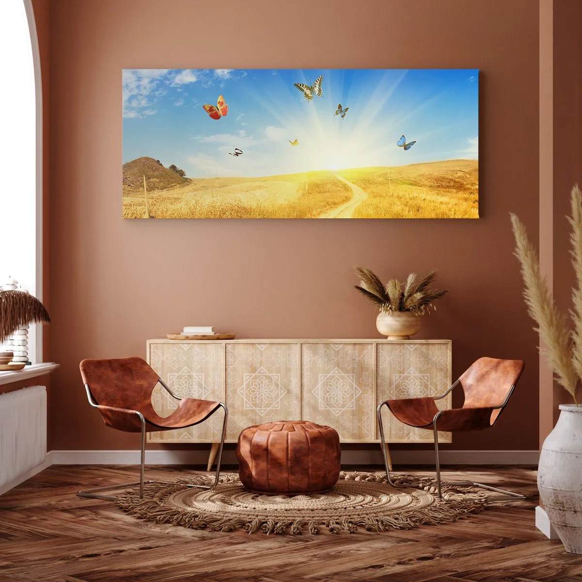 Quadro su tela - Stampe su Tela - Un campo dorato, un sentiero e farfalle contro un cielo azzurro - 160x50cm - Come non amare l'estate? - Decorazione murale moderna per soggiorno e camera da letto ARTTOR