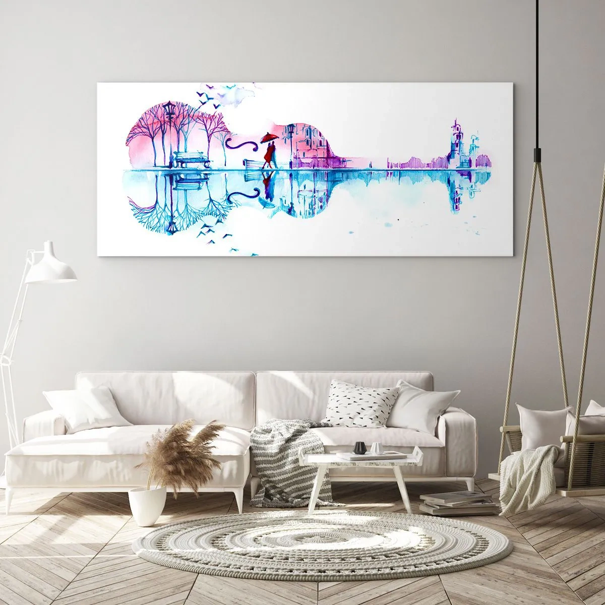 Quadro su vetro - Silhouette di città a forma di violino nei colori dell'acquerello - 140x50cm - Vi porto un cantico di pioggia - Decorazione murale moderna per soggiorno e camera da letto ARTTOR