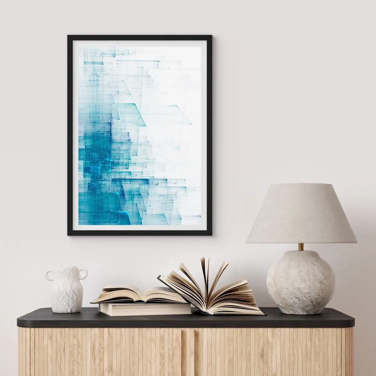 Poster in cornice nera - Composizione geometrica astratta nei toni del blu e del bianco - 50x70cm - E lo spazio fu - Decorazione murale moderna per soggiorno e camera da letto ARTTOR