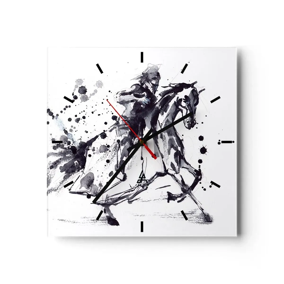 Orologio da parete - Orologio in Vetro - Acquerello in bianco e nero di un cavaliere su un cavallo al galoppo - 30x30cm - Il cavaliere nero - Decorazione murale moderna per soggiorno e camera da letto ARTTOR