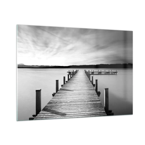 Quadro su vetro - Un molo di legno conduce in lontananza attraverso un lago calmo - 100x70cm - Pace sull'acqua - Decorazione murale moderna per soggiorno e camera da letto ARTTOR