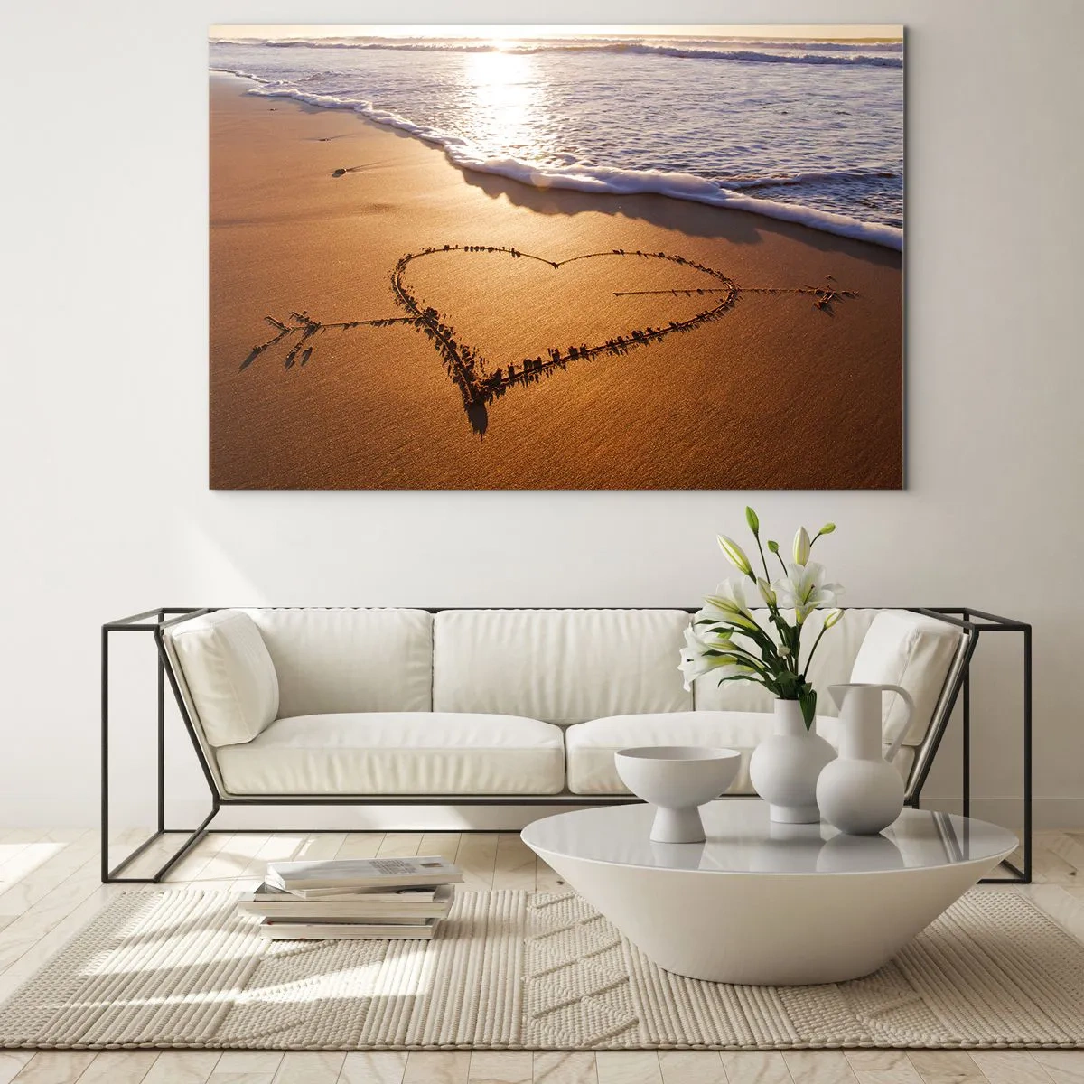 Quadro su vetro - Un cuore disegnato sulla sabbia illuminato dai raggi del sole - 120x80cm - Dichiarazione delle vacanze - Decorazione murale moderna per soggiorno e camera da letto ARTTOR