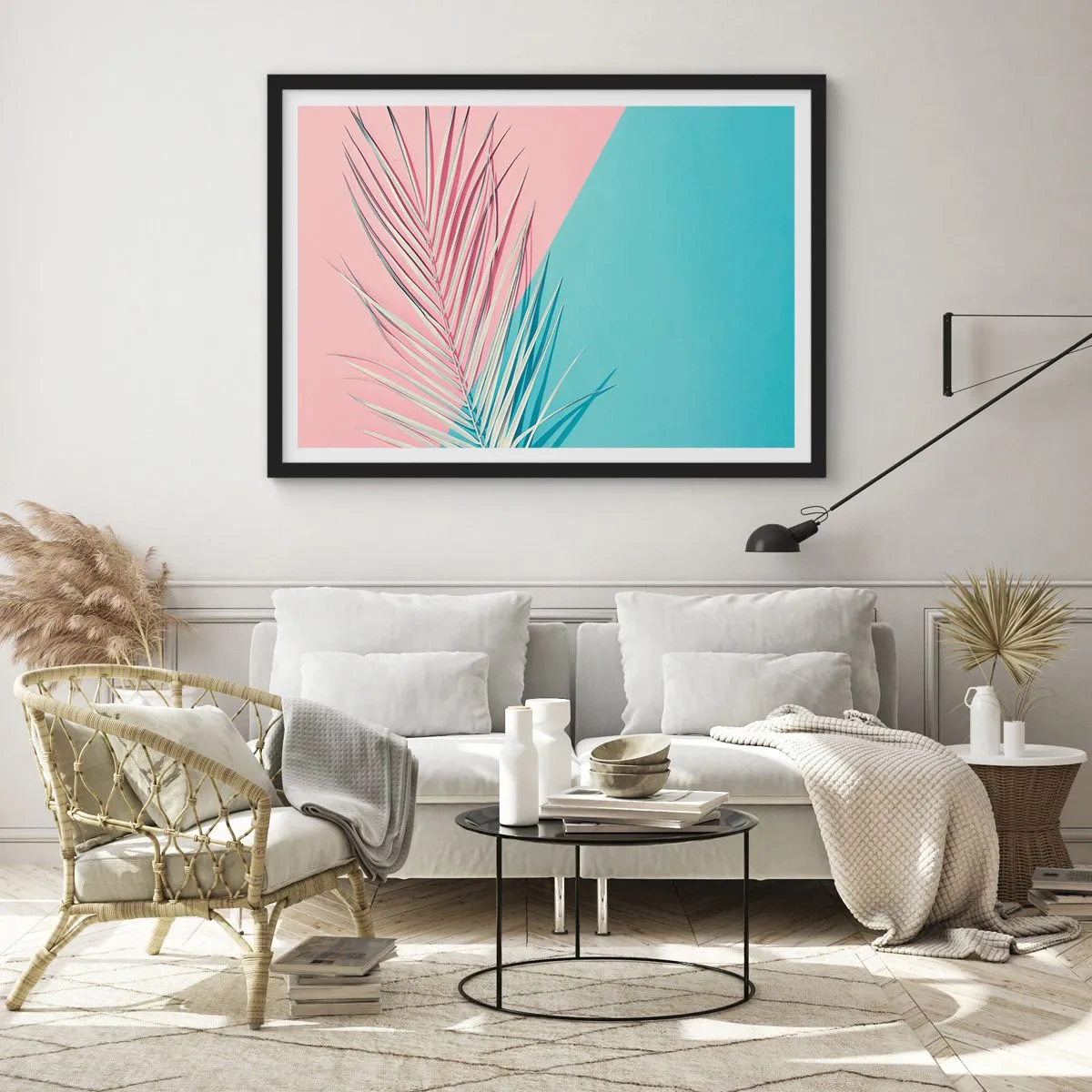 Poster in cornice nera - Foglia tropicale su uno sfondo di tonalità pastello di rosa e blu - 70x50cm - Impressione tropicale - Decorazione murale moderna per soggiorno e camera da letto ARTTOR