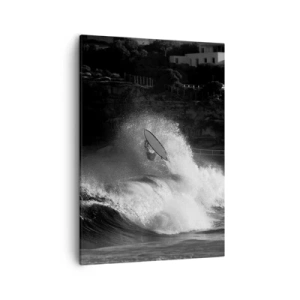 Quadro su tela - Stampe su Tela - Un surfista che cavalca un'onda in bianco e nero - 50x70cm - Sfida accettata! - Decorazione murale moderna per soggiorno e camera da letto ARTTOR