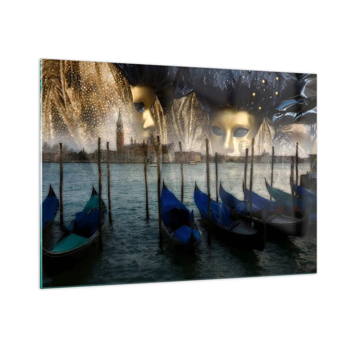 Quadro su vetro - Venezia con gondole e maschere di carnevale - 100x70cm - È ora di iniziare il carnevale - Decorazione murale moderna per soggiorno e camera da letto ARTTOR