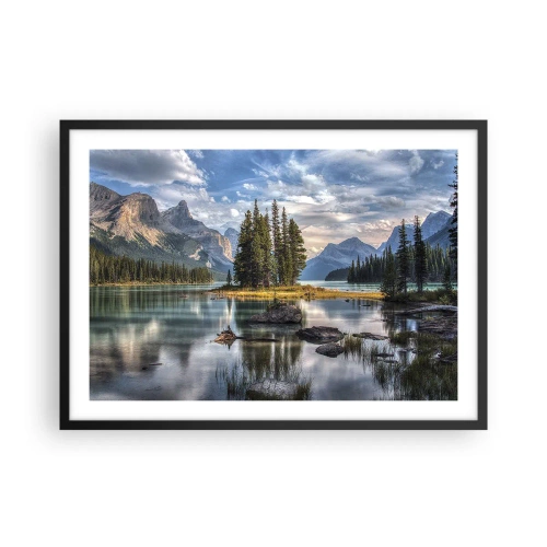 Poster in cornice nera - Un paesaggio montano con un'isola circondata da un lago calmo - 70x50cm - Sulle acque grandi e limpide... - Decorazione murale moderna per soggiorno e camera da letto ARTTOR