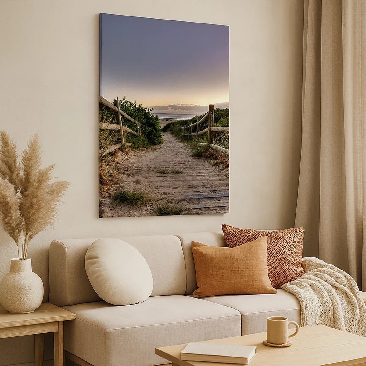 Quadro su tela - Stampe su Tela - Sentiero in legno tra le dune che conduce alla spiaggia al tramonto - 50x70cm - Già si vede la meta - Decorazione murale moderna per soggiorno e camera da letto ARTTOR