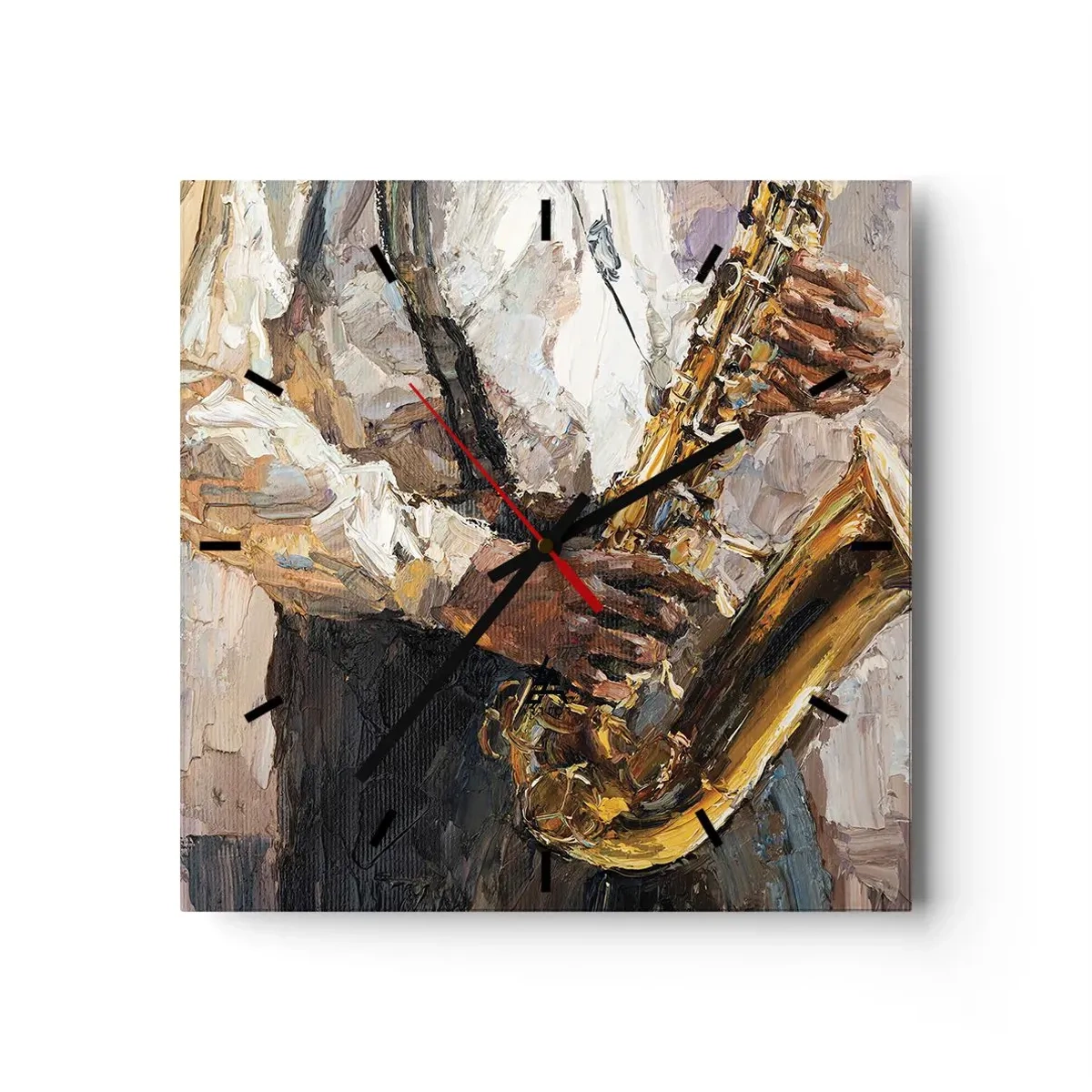 Orologio da parete - Orologio in Vetro - Un musicista che suona il sassofono in uno stile artistico - 30x30cm - Tempo di assolo - Decorazione murale moderna per soggiorno e camera da letto ARTTOR