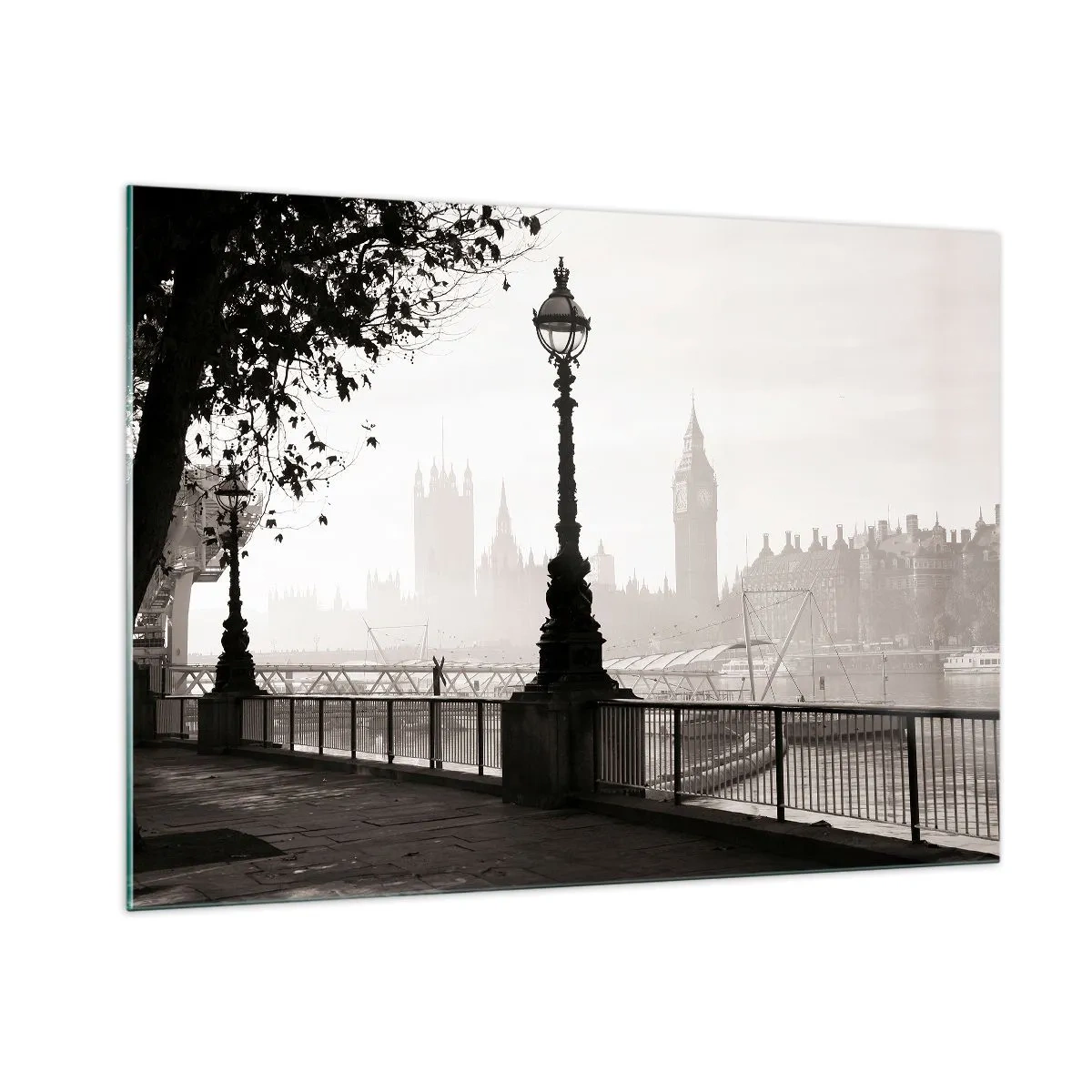 Quadro su vetro - Fotografia in bianco e nero del lungomare di Londra con il Big Ben - 100x70cm - Un mattino a Londra - Decorazione murale moderna per soggiorno e camera da letto ARTTOR
