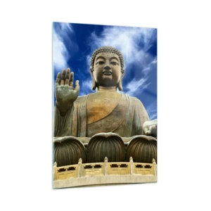 Quadro su vetro - Una grande statua del Buddha contro un cielo blu - 50x70cm - Vivere senza paura - Decorazione murale moderna per soggiorno e camera da letto ARTTOR