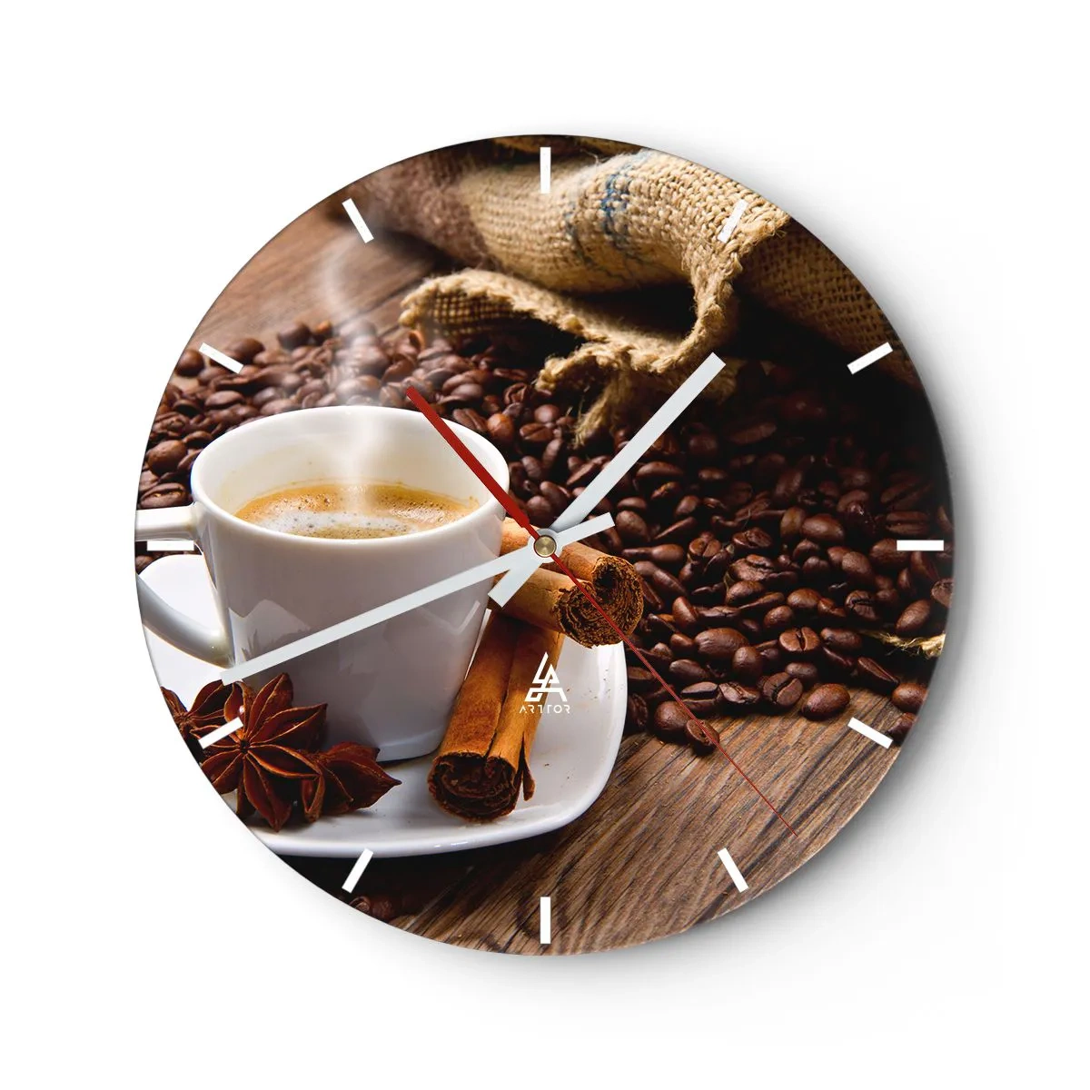 Orologio da parete - Orologio in Vetro - Una tazza di caffè con spezie e chicchi di caffè - 30x30cm - Sapore e profumo speziato - Decorazione murale moderna per soggiorno, cucina e camera da letto ARTTOR