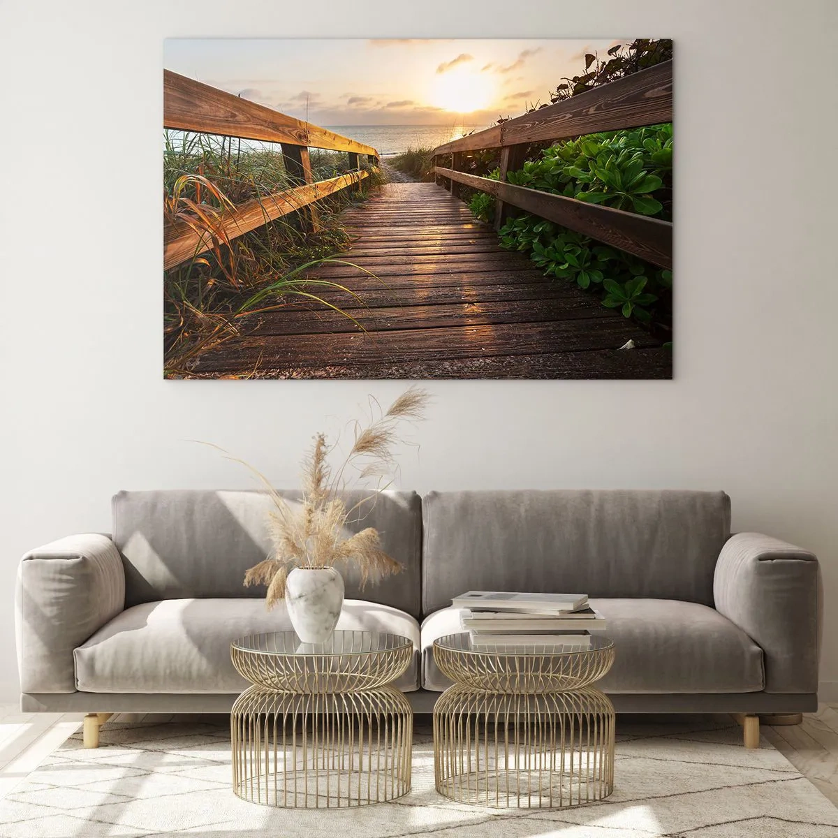 Quadro su vetro - Passerella in legno che conduce alla spiaggia al tramonto - 120x80cm - Dritto verso la riva - Decorazione murale moderna per soggiorno e camera da letto ARTTOR