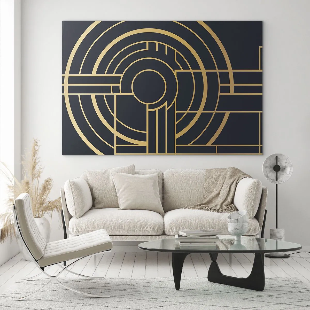 Quadro su vetro - Astrazione geometrica in oro e nero in stile Art Déco - 100x70cm - Il giro delle cose - Decorazione murale moderna per soggiorno e camera da letto ARTTOR