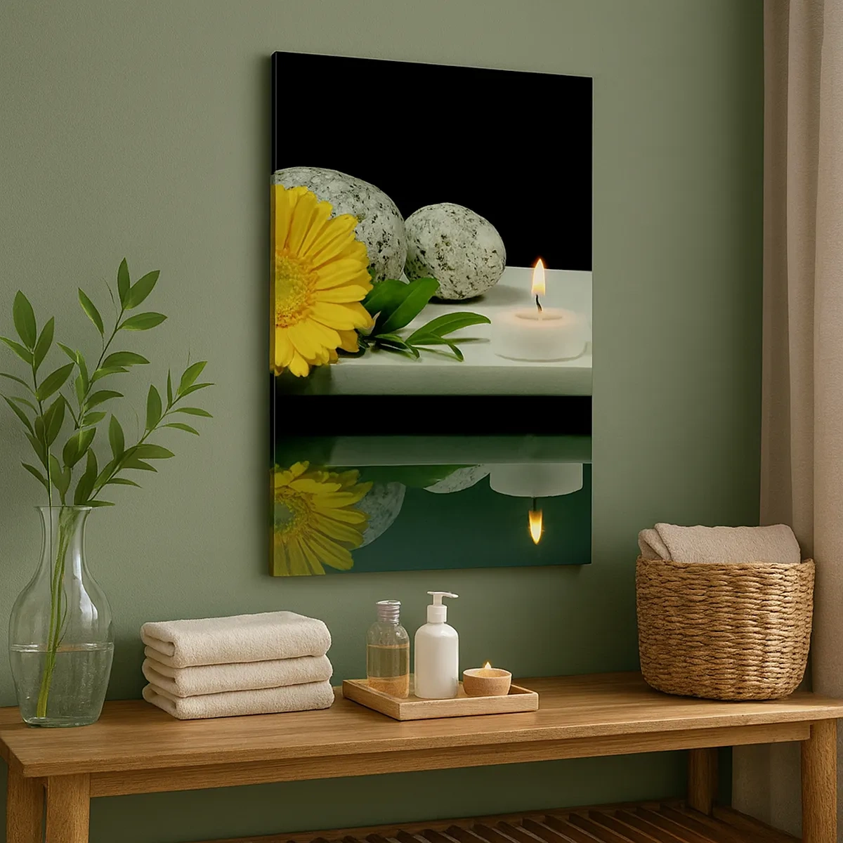 Quadro su tela - Stampe su Tela - Fiore giallo, candele e pietre sullo sfondo dell'acqua - 50x70cm - Il sollievo dei sensi - Decorazione murale moderna per soggiorno e camera da letto ARTTOR