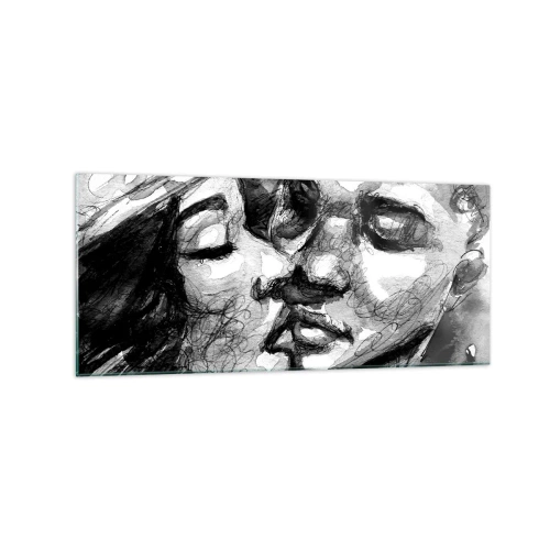 Quadro su vetro - Un acquerello in bianco e nero che raffigura un momento intimo tra due persone. - 120x50cm - Un attimo di tenerezza - Decorazione murale moderna per soggiorno e camera da letto ARTTOR