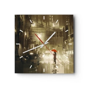 Orologio da parete - Orologio in Vetro - Una figura con un ombrello rosso in una città piovosa - 30x30cm - Sola ma non solitaria - Decorazione murale moderna per soggiorno e camera da letto ARTTOR