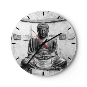 Orologio da parete - Orologio in Vetro - Una statua del Buddha in stile monocromatico su uno sfondo di muro - 30x30cm - Alla fonte della pace - Decorazione murale moderna per soggiorno, cucina e camera da letto ARTTOR