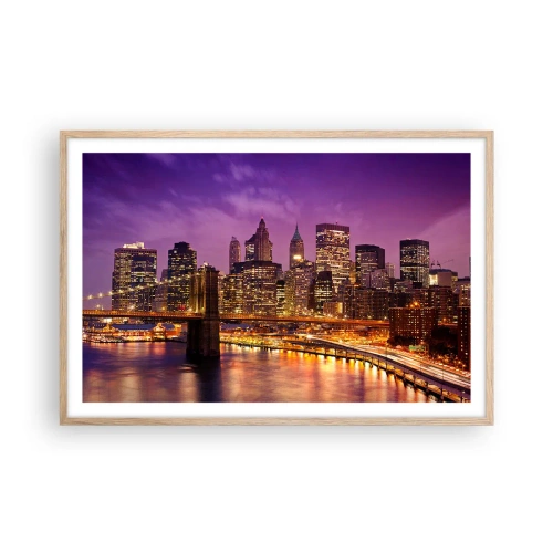 Poster in cornice rovere chiaro - Manhattan in viola e oro - 91x61 cm