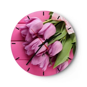 Orologio da parete - Orologio in Vetro - Un mazzo di tulipani rosa su uno sfondo rosa - 30x30cm - Proprio per te - Decorazione murale moderna per soggiorno, cucina e camera da letto ARTTOR