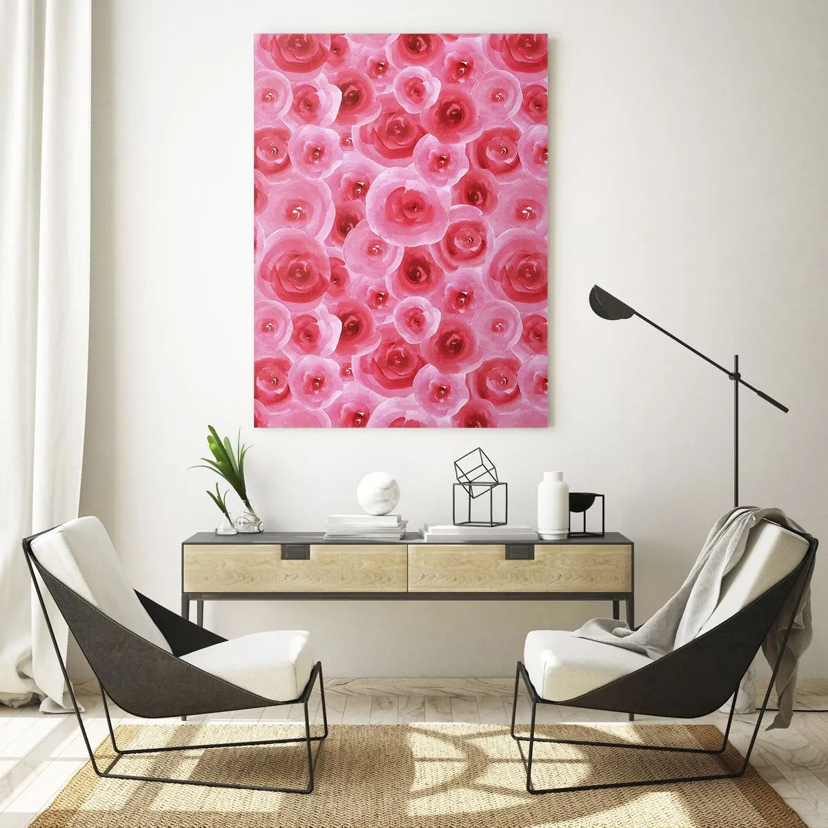 Quadro su vetro - Delicate rose nelle tonalità pastello del rosa - 80x120cm - Rose in alto e in basso - Decorazione murale moderna per soggiorno e camera da letto ARTTOR