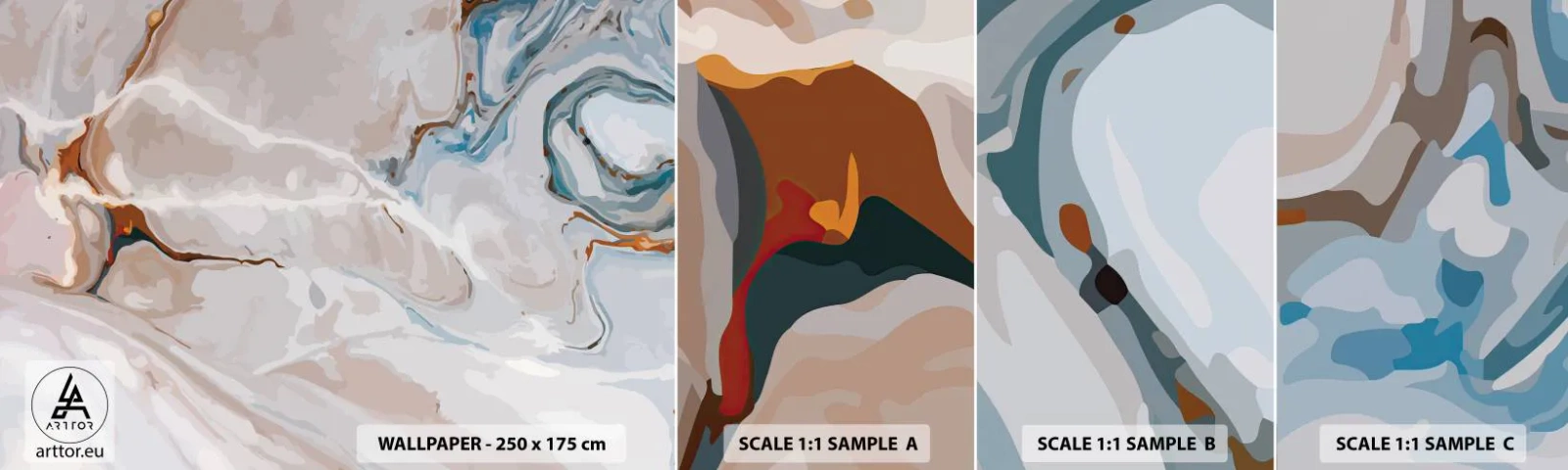 Campione di Fotomurale Adesivo Deluxe Sticker - Meandri blu sotto il bianco - Astrazione, Pezzo, Modello moderno - 100x30 cm