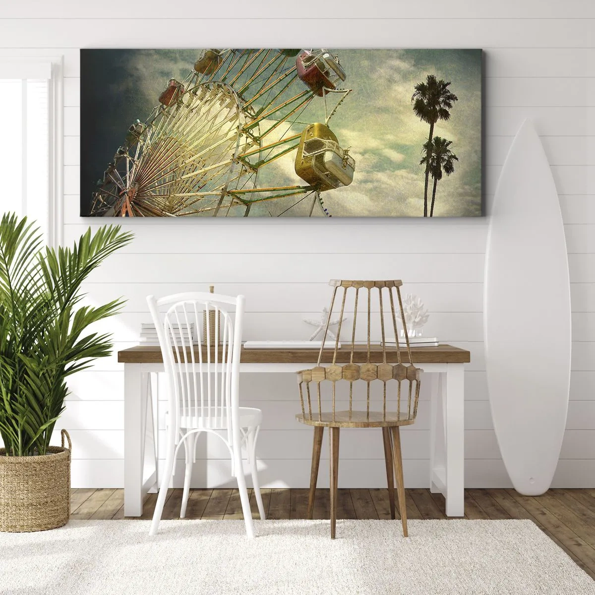 Quadro su tela - Stampe su Tela - Foto retrò di una ruota panoramica con palme contro il cielo - 140x50cm - Il divertimento comincia... - Decorazione murale moderna per soggiorno e camera da letto ARTTOR