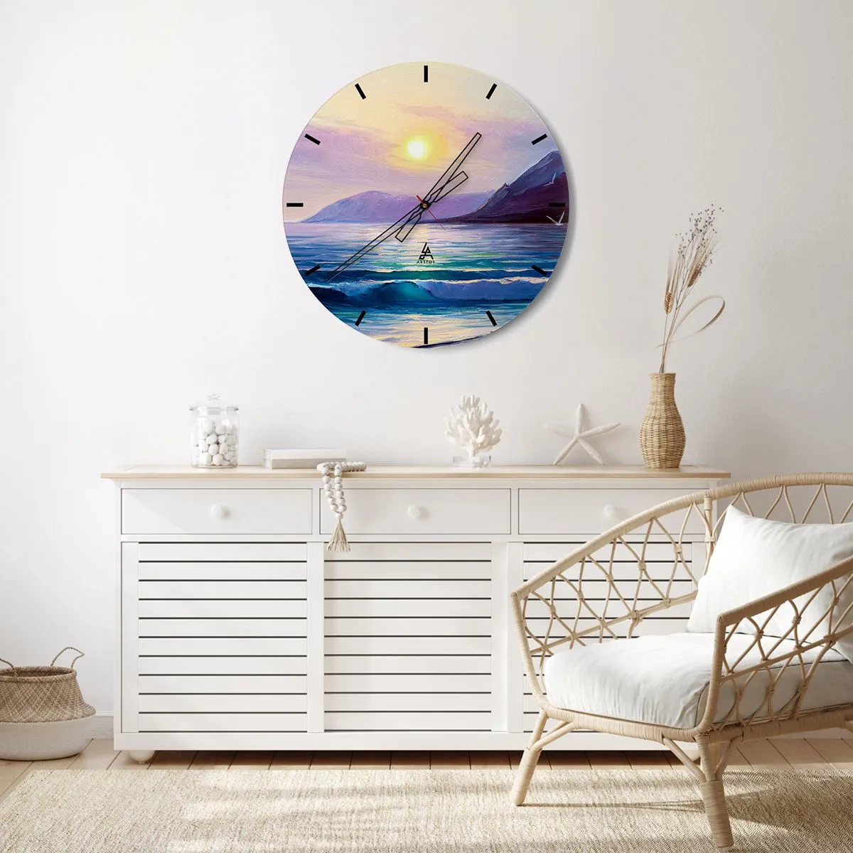Orologio da parete - Orologio in Vetro - Paesaggio marino con il sole al tramonto - 30x30cm - Cristallo di acqua e di aria - Decorazione murale moderna per soggiorno, cucina e camera da letto ARTTOR