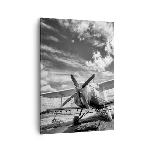 Quadro su tela - Stampe su Tela - Un vecchio aereo all'aeroporto in bianco e nero - 50x70cm - Non vedo l'ora! - Decorazione murale moderna per soggiorno e camera da letto ARTTOR