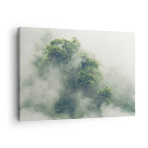 Quadro su tela - Stampe su Tela - Alberi verdi nella fitta nebbia contro uno sfondo naturale - 70x50cm - Avvolti dalla nebbia - Decorazione murale moderna per soggiorno e camera da letto ARTTOR
